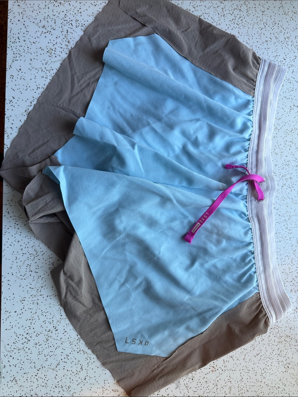 LSKD Light Blue and Tan Athletic Shorts with Pink Drawstring